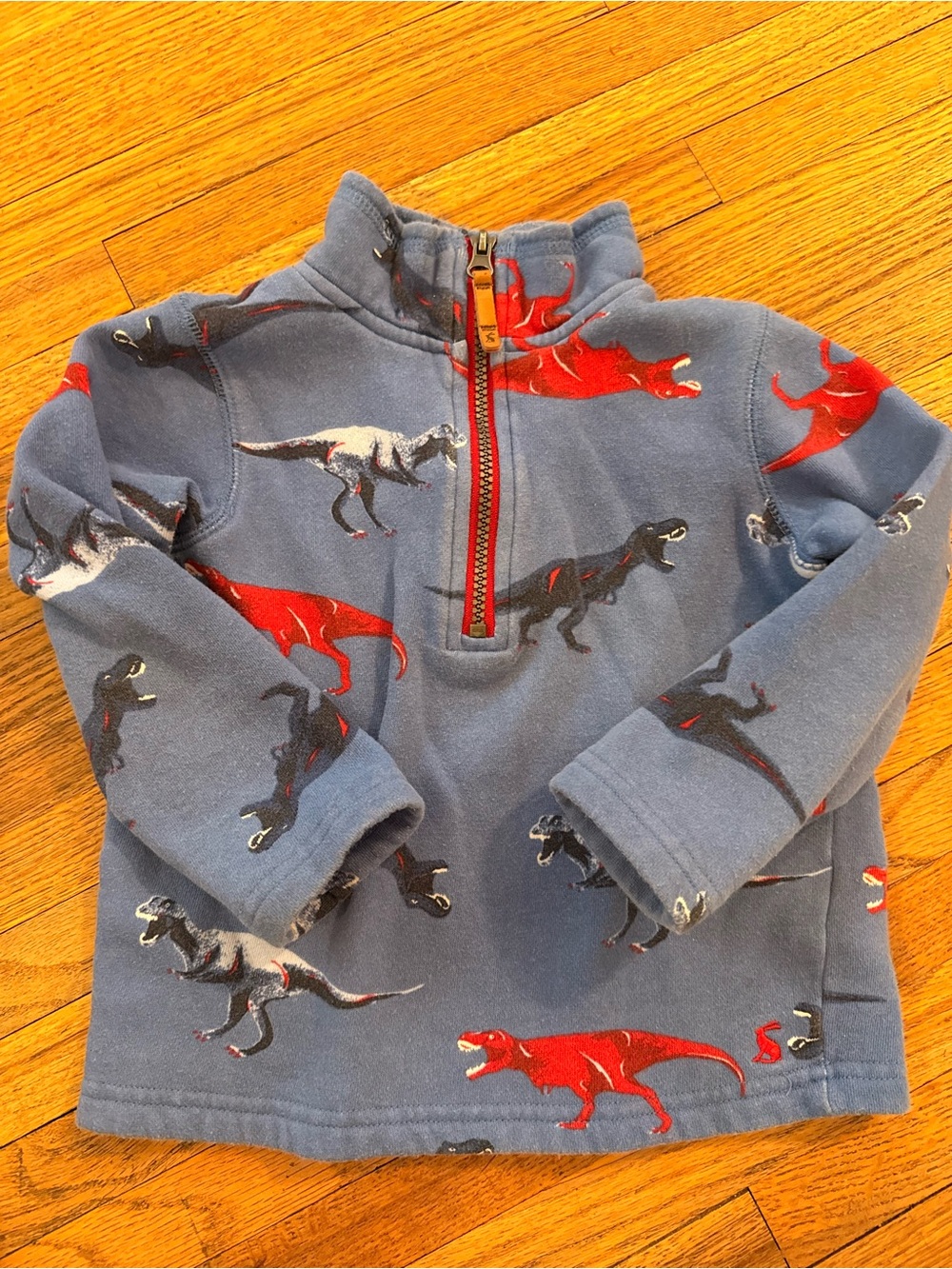 Joules Blue Dino Print Half-Zip Sweatshirt with Red & Black Dinosaurs
